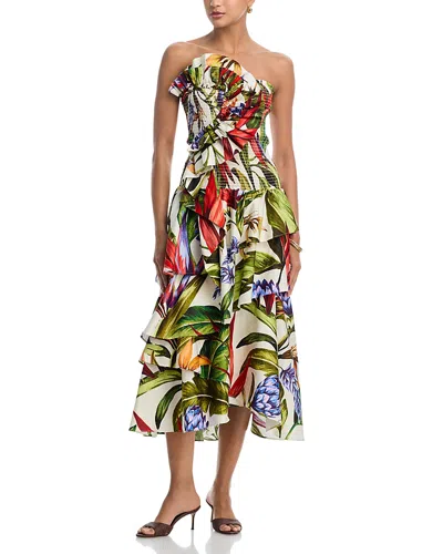 Farm Rio Florart Strapless High Low Cotton Dress In Multi