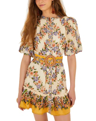 Farm Rio Sand Hilo Belted Short-sleeve Mini Dress In Neutral