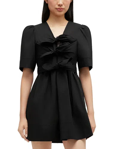 Ganni Belted Bow-embellished Stretch-cotton Poplin Midi Dress In Black