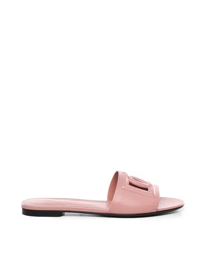 Dolce & Gabbana Women Pink Slide Sandals With Cut Out Logo In Leather Woman