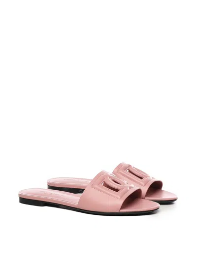 Dolce & Gabbana Women Pink Slide Sandals With Cut Out Logo In Leather Woman