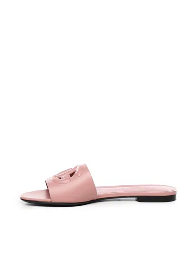 Dolce & Gabbana Women Pink Slide Sandals With Cut Out Logo In Leather Woman
