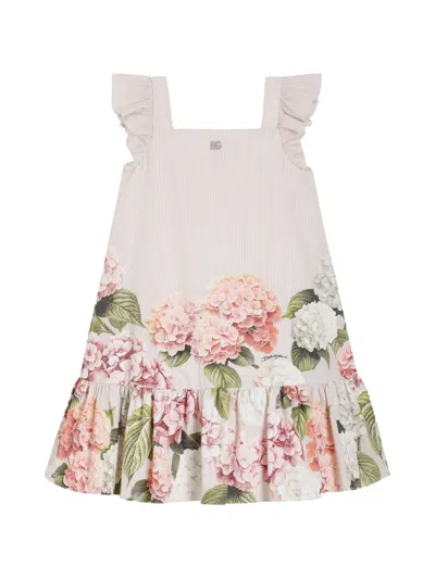 Dolce & Gabbana Hydrangea-print Striped Cotton Canvas Dress In Neutral