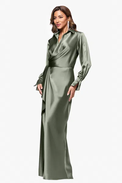 Xscape Evenings Collar Long Sleeve Satin Gown In Green