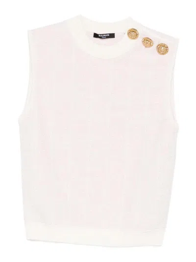 Balmain Knit Top Button Detail Sleeveless Round Neck In Pink