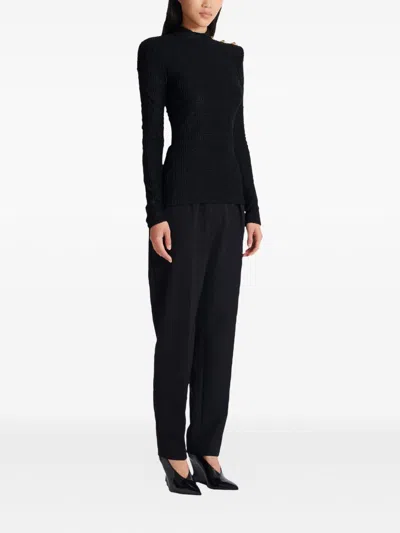 Balmain Ls Bouclette Monogram-pattern Button Top In Black