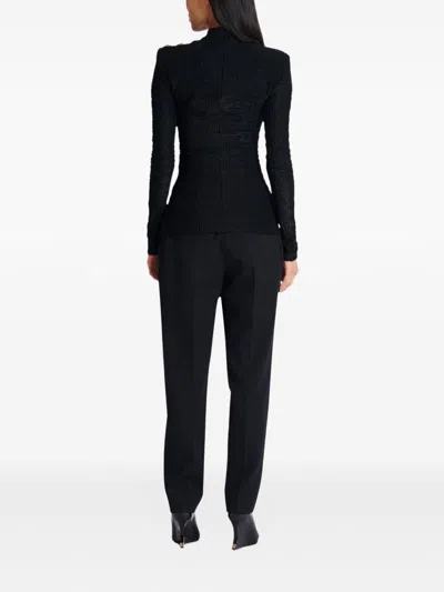 Balmain Ls Bouclette Monogram-pattern Button Top In Black
