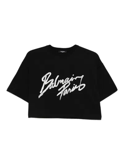 Balmain Black Round Neck Logo Detail Crop T-shirt In Black