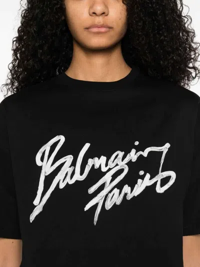 Balmain Black Round Neck Logo Detail Crop T-shirt In Black