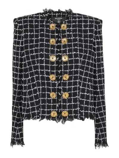 Balmain Black Checks Round Neck Blazer In Black