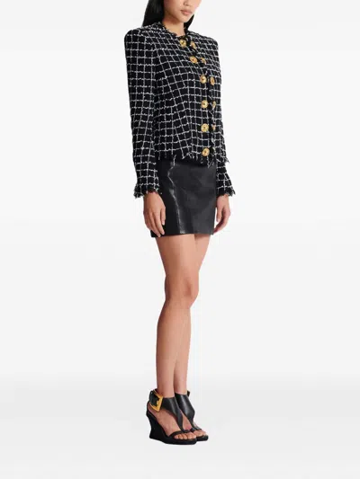 Balmain Black Checks Round Neck Blazer In Black