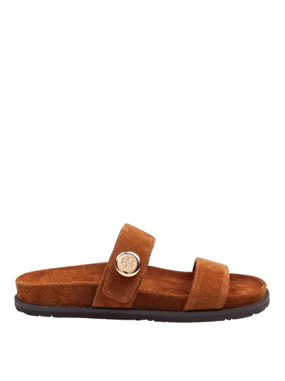 Tory Burch Romy Brown Sandals With Logo Plaque On The Front In Suede Woman In Brown