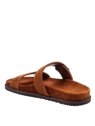 Tory Burch Romy Brown Sandals With Logo Plaque On The Front In Suede Woman In Brown