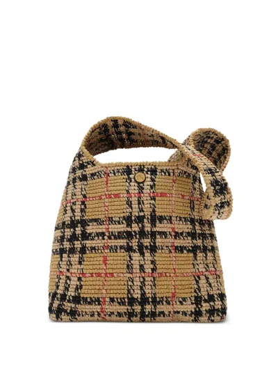 Burberry Womens Sand Small Margate Check Raffia Hobo Bag In Brown