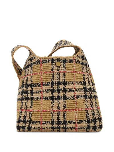 Burberry Womens Sand Small Margate Check Raffia Hobo Bag In Brown