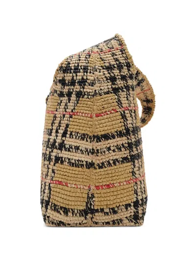 Burberry Womens Sand Small Margate Check Raffia Hobo Bag In Brown