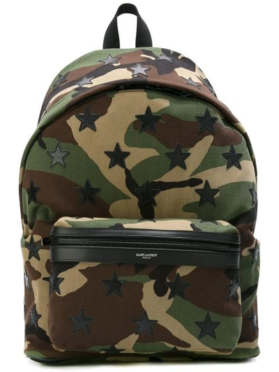 Saint Laurent Men's Camouflage Star Appliqué Canvas Hunting Backpack In Khaki