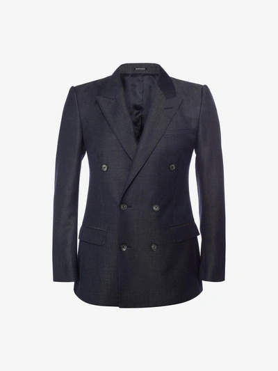 Alexander Mcqueen Chambray Double Breasted Jacket In Navy