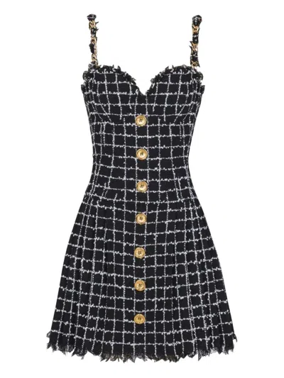 Balmain Buttoned Check Tweed Chain-strap Mini Dress In Black