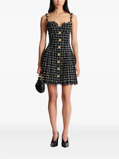 Balmain Buttoned Check Tweed Chain-strap Mini Dress In Black