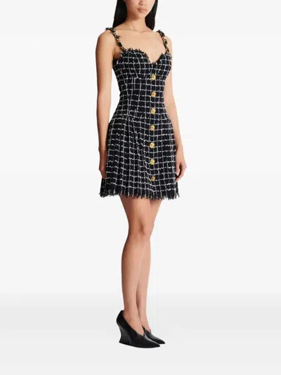 Balmain Buttoned Check Tweed Chain-strap Mini Dress In Black
