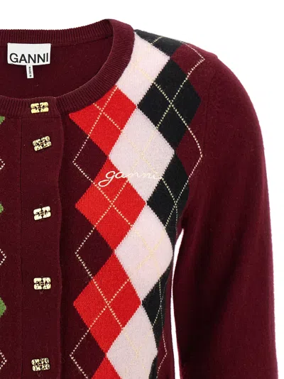 Ganni Burgundy Checked Cardigan In Cashmere Blend Women In Multi