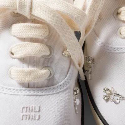 Miu Miu Crystal Embellished Low Top Canvas Sneaker In White