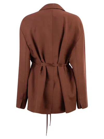Brunello Cucinelli Women Fluid Viscose And Linen Twill Jacket With Jewellery In Brown