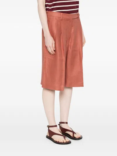 Brunello Cucinelli Linen Shorts Pleated Design Belt Loops Pockets In Brown