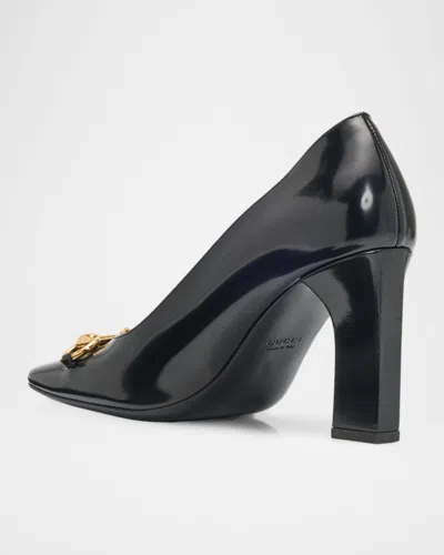 Gucci Signora Pumps Block Heel Gold Tone Hardware In Black