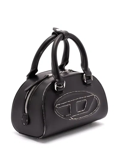 Diesel 1dr Dome-mini Bowling Bag In Snake-effect Leather In Black