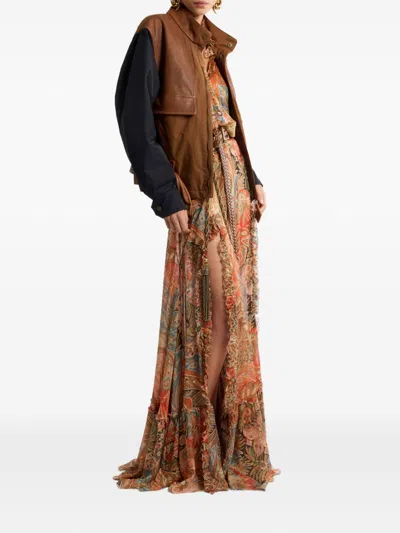 Etro Sheer Chiffon Shirt Paisley Ruffle Neckline In Brown