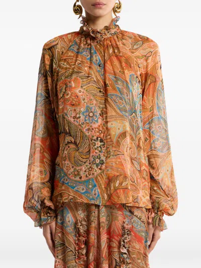 Etro Sheer Chiffon Shirt Paisley Ruffle Neckline In Brown