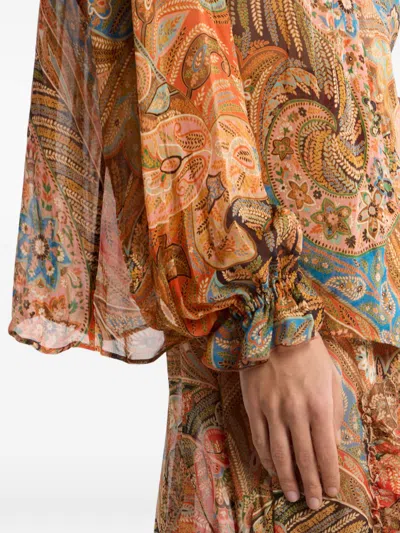 Etro Sheer Chiffon Shirt Paisley Ruffle Neckline In Brown
