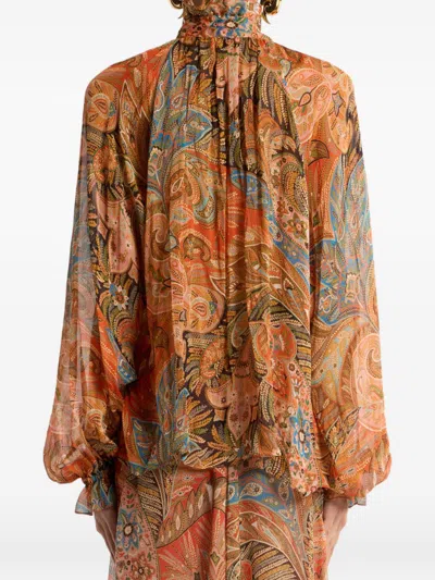 Etro Sheer Chiffon Shirt Paisley Ruffle Neckline In Brown