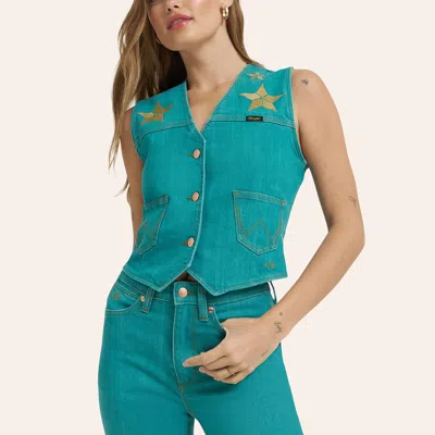 Wrangler X Lainey Wilson Embroidered Denim Vest In Green