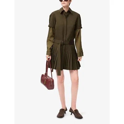 Loewe Womens Khaki Green Pleated Short-sleeve Cotton Blend Mini Dress