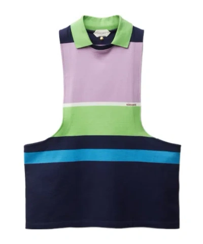 Versace Sleeveless Embroidered Striped Cotton T-shirt In Multi