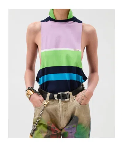 Versace Sleeveless Embroidered Striped Cotton T-shirt In Multi