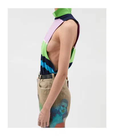 Versace Sleeveless Embroidered Striped Cotton T-shirt In Multi