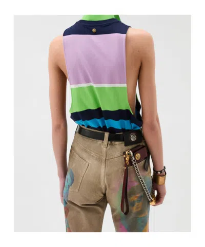 Versace Sleeveless Embroidered Striped Cotton T-shirt In Multi