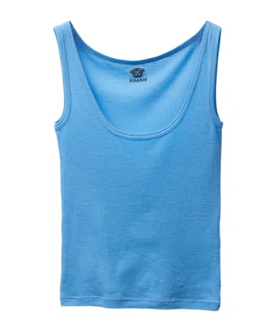 Versace Ribbed Silk-nylon Sleeveless Top With Subtle Logo In Blue
