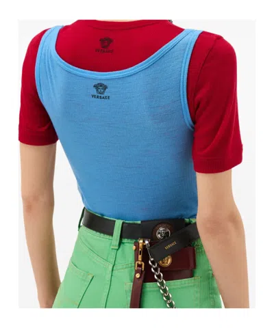 Versace Ribbed Silk-nylon Sleeveless Top With Subtle Logo In Blue