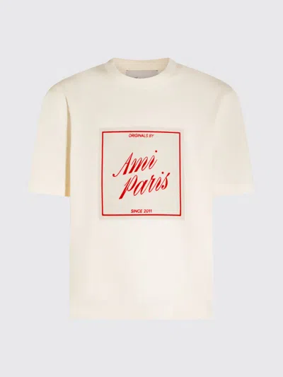 Ami Alexandre Mattiussi Boxy Fit Short Sleeves Teehisrt With Signature Print At Front In Neutral