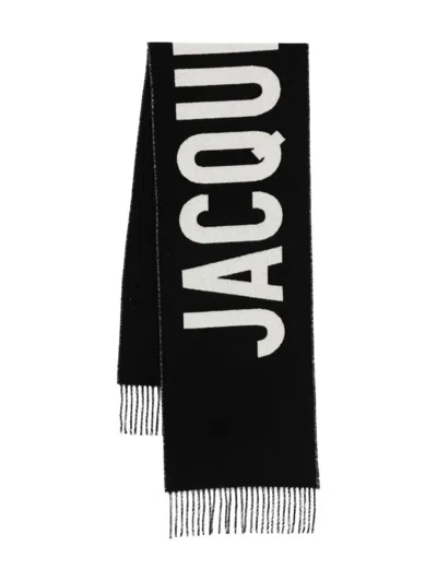 Jacquemus Long Rectangular Wool Scarf With Bold Lettering In Black