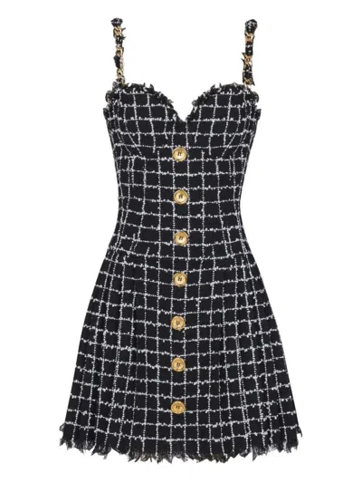 Balmain Buttoned Check Tweed Chain-strap Mini Dress In Black