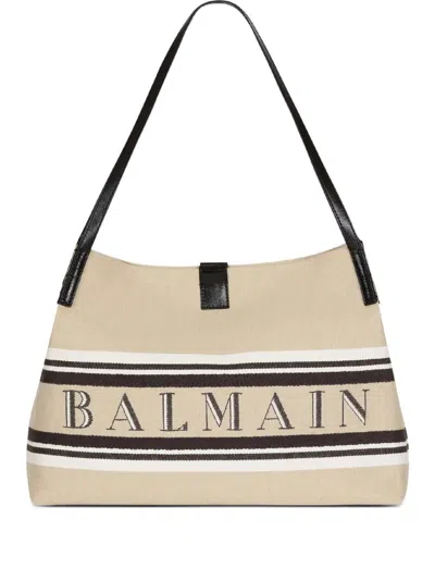 Balmain Medium Release Shopper Bag In Canvas And Calfskin In Brown