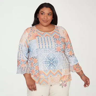 Alfred Dunner Plus Size Beachcomber Patchwork Medallion Ruffle Sleeve Top In Burgundy
