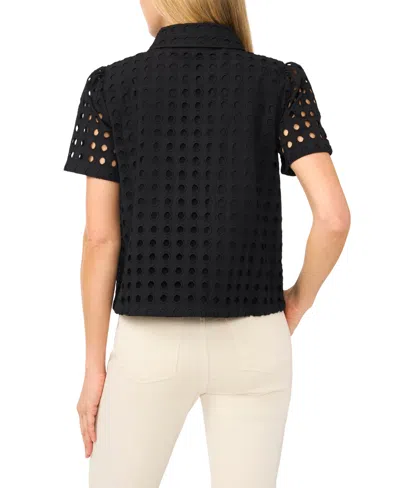 Cece Eyelet Short Sleeve Collared Button Down Top In Black