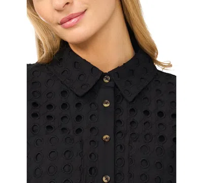 Cece Eyelet Short Sleeve Collared Button Down Top In Black